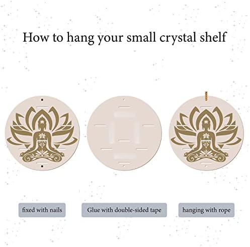 CreatCabin Lotus Small Crystal Shelf Display +Chakra Stones Definir Budismo redondo o suporte de cristal de madeira Pendulum