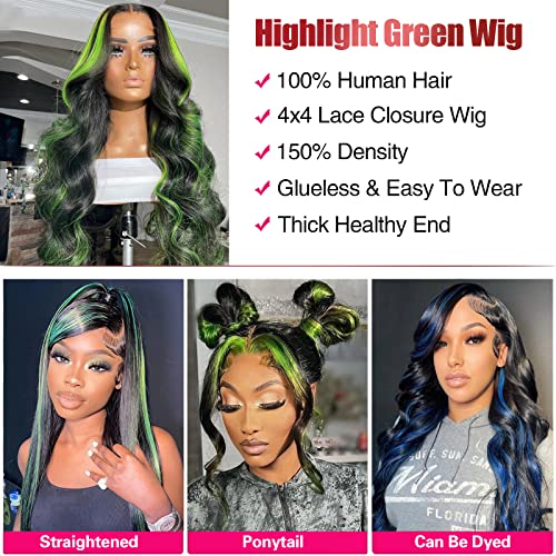 haha destaque de renda verde front human hel wig 4x4 ombre fechamento peruca verde onda corporal renda de renda frontal