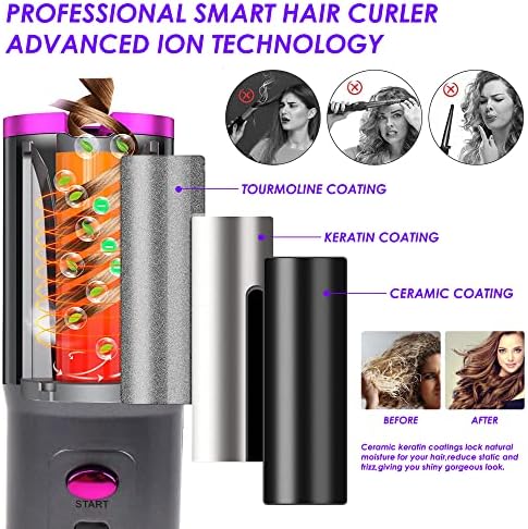 Ferro automático de curling sem fio, Creador de cabelo de cerâmica com exibição LCD 6 Temps e temporizadores, Varinha