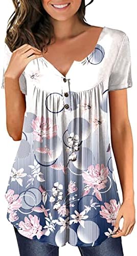 Tops de túnica de impressão vintage para mulheres barriga de barriga solta escondida camiseta de verão Botão de manga curta casual