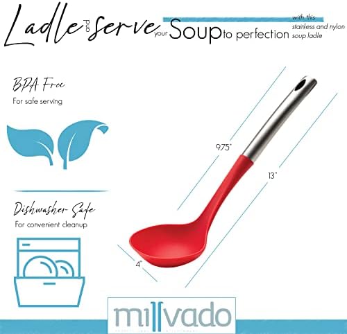 Copa de sopa MillVado, concha vermelha de nylon com alça de aço inoxidável, conchas de sopa longas de 13 polegadas para repartir e mexer