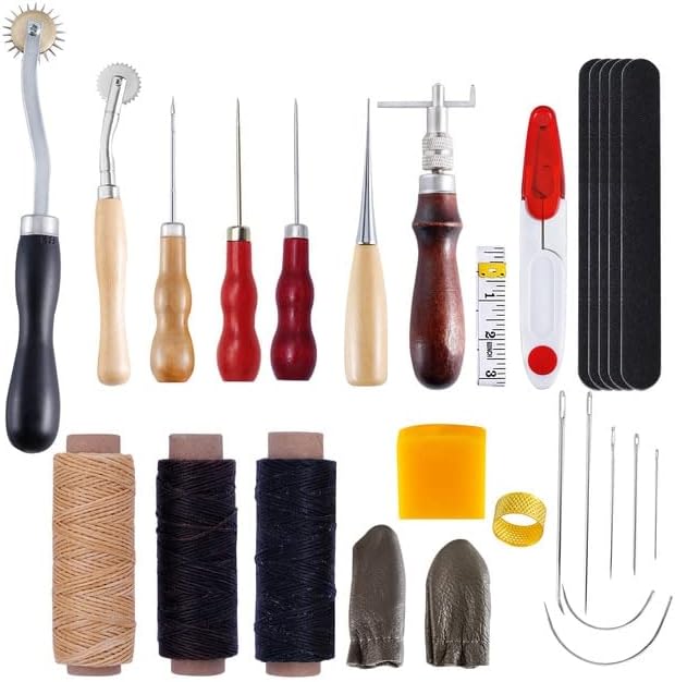 Ferramentas de artesanato de couro DIY Conjunto de ferramentas de costura de mão Groover Awl Frea encerada Thread Thimble Kit de couro Ferramentas de costura - Conjunto de ferramentas -