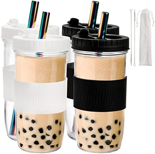 Youeon 4 pacote de 24 oz copo de boba reutilizável com tampas e palha, xícaras de café geladas xícaras de copos de vidro, xícaras de chá de bolhas copos de pedreiro com manga de silicone, bpa livre, lava -louças seguro, 2 cores