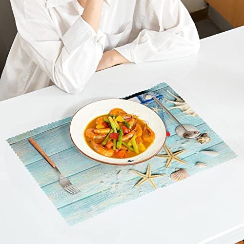 Placemats de pano, tapetes de mesa laváveis ​​para mesa de jantar conjunto de 6 vieiras de estrelas do mar de vela de verão à beira -mar