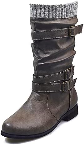 Womens Knight Boots Premium Faux Leather Buckle Strap Salto grossa no meio das botas de poço de poço retro raio de tornozelo de tornozelo