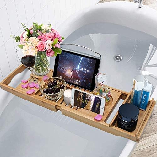 Bandeja de banheira de banheira de bambu, bandeja de banho expansível para banho de luxo, bandeja de madeira com rack de leitura ou suporte para tablet, telefone e porta de vidro de vinho