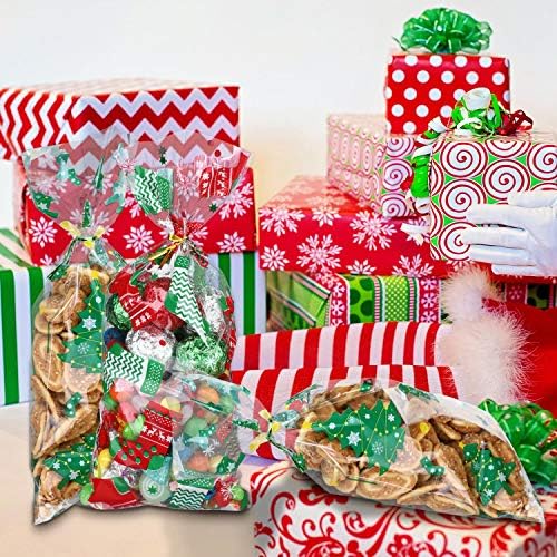 Sacos de celofane de 100 peças de Natal sacolas de doces de doces Sacos de tratamento com 150 peças Twist lances para materiais de
