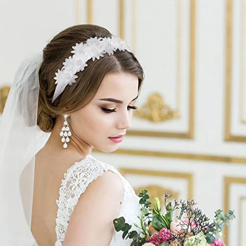 Flores planas Flores de casamento Faixa de cabelo Pérolas brancas Band da cabeça Noiva Flores claras
