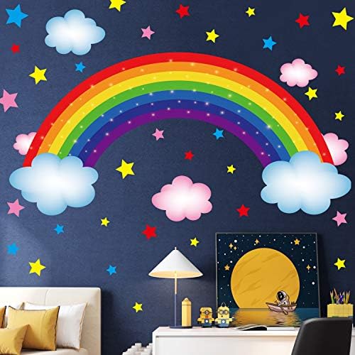 Amaonm Creative Removável Diy PVC Ponte arco -íris e nuvens coloridas estrelas de parede descasque e decoração de palca adesivo