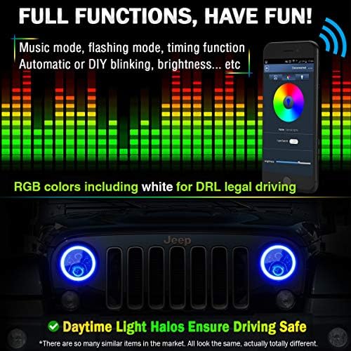 Faróis de LED de 7 polegadas de 7 polegadas RGB anel de halo anjo olhos 7 ”ROUNO MULTICOLOR DRL Bluetooth Remote Controle para Jeep Wrangler JK LJ CJ Sahara Sport Rubicon Headlamp 1997 ~ 2017