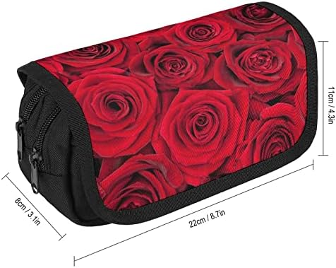 Linda estojo de lápis de rosas vermelhas com dois compartimentos grandes bolso de bolsa de armazenamento grande de grande capacidade