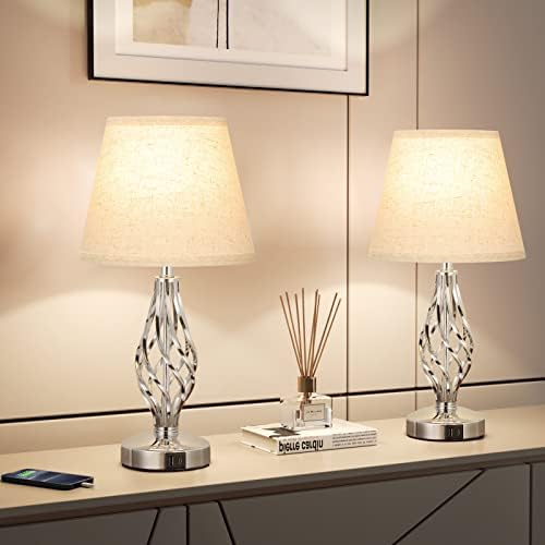 Touch mesa de cabeceira de cabeceira conjunto de 2, lâmpadas de mesa de cabeceira com portas USB C e abajur de linho branco, lâmpadas de quarto com design de base de gaiolas em espiral, luminárias de mesa de 3 vias para quarto e sala de estar