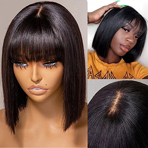 Girlday Short Black Light Yaki Straight Bob peruca com franja para mulheres negras Cabelo humano virgem brasileiro