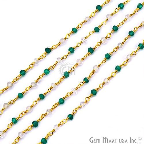 Onyx verde de 1 pés com cristal, miçangas de 3-3,5 mm 24k fios de rosário banhado a ouro embrulhado GPGO-30058
