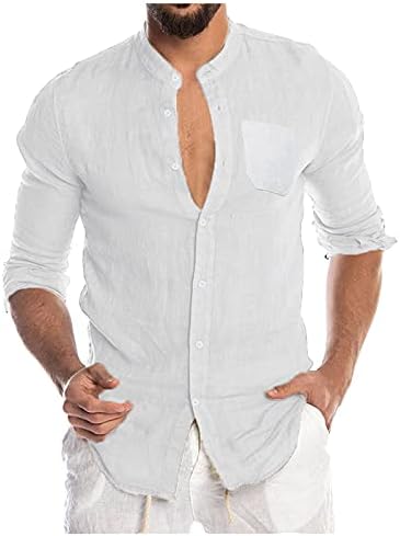 Camisetas casuais de linho de algodão Dueig para homens, 2021 Fall Men's Button-Down Sleeve Tops camisas de verão com bolsos dianteiros