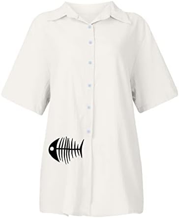 Botão de linho de algodão tops para mulheres 2023 Moda curta Moda de peixe casual impressão solta Blusa de camisas confortáveis
