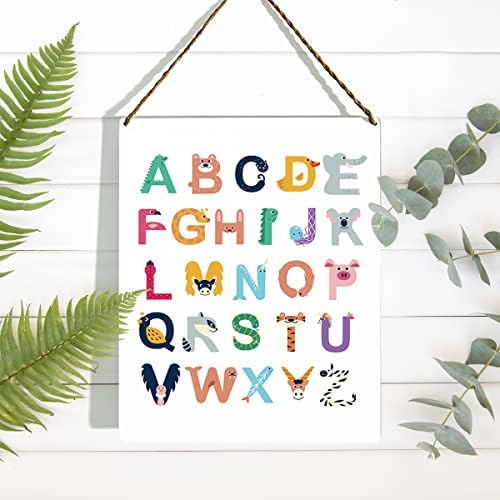 Sinal de alfabeto de animal fofo, sinal da sala de jogos, 26 cartas em inglês, decoração do quarto infantil, arco -íris colorido