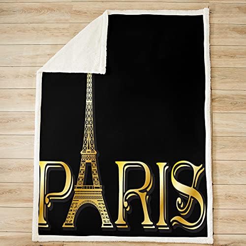 Feelyou Gold Eiffel Tower Fleece Cobertors Paris Citys Throw Blanget Chic French tema Fuzzy Blain para o berço de berço de berço Modern Style Sherpa Blanket Black Dort Decor Blanket Rainha 90 x90