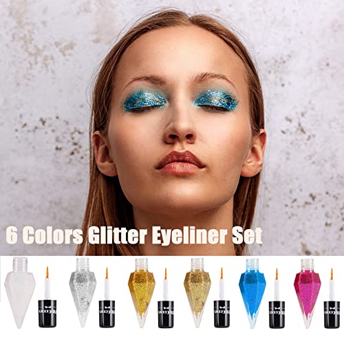 Conjunto de delineador de glitter miaritick, 6 cores kit de delineador de glitter metálico, delineador líquido à prova d'água conjunto com lantejoulas coloridas, kit de maquiagem de olhos brilhantes