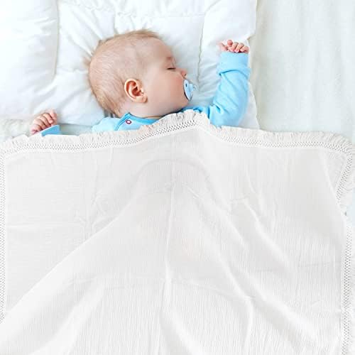 Poowe Muslin Cotton Baby Recebendo cobertor com margem, borla Boho Bohemian, decoração do viveiro, garoto ou menina unissex swaddle wrap, use como arremesso de arremesso ou franjas com franjas brancas