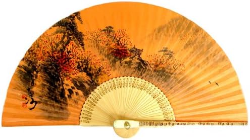 Antique viva pintada à mão Pintura de cena de outono dobrável em solo amarelo tingido de amoreira coreana papel de arroz de bambu fã decorativo portátil