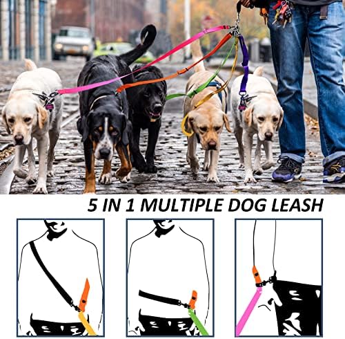 Phoo Care 5 Way Dog Leash, 5 em 1 trela para serviço pesado, acoplador destacável ajustável 360 ° Sem emaranhado de cachorro múltiplo,