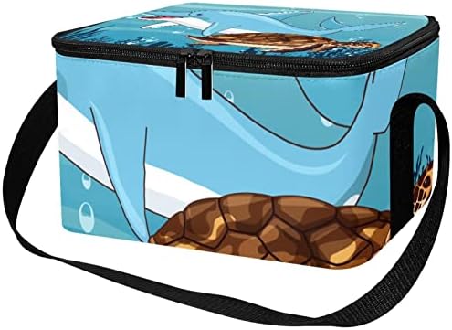 Golfinho de oceano fofo com tartaruga marinha juntos lancheiras escolares isoladas para meninos e meninas adolescentes, lancheira