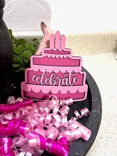 Feliz Aniversário 3D Mini sinais, desejos de aniversário, bolo de aniversário, celebração, decoração de bandeja em camadas, aniversário de menina