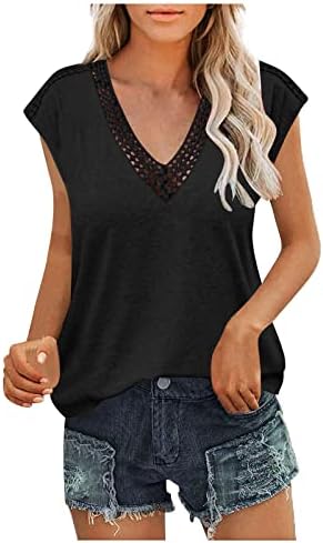 Camisas de manga de tampa para mulheres Tampas casuais de verão Tampas de crochê de lacas de gola em V Top topo de cor sólida