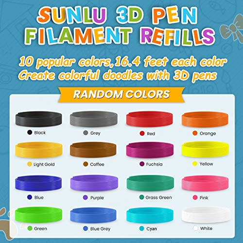 Sunlu 3D Pen Filament Recarias, 10 cores brilhantes de arco -íris, total de 164 pés, cada cor 16,4 pés, filamento de PLA 1,75 mm para a maioria das canetas 3D, fácil de usar, alta compatibilidade