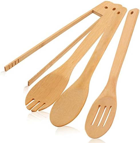 [4pcs] utensílios de cozinha de bambu de madeira: pinças de salada, colheres de madeira, colher de fenda, garfos de bambu, salada