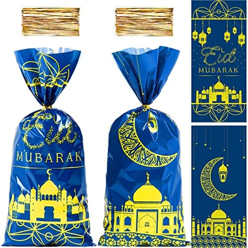 Gitmiws 100 PCs Eid Mubarak Sacos de presente, tema de ouro azul Ramadã Impresso Eid Mubarak Party Treat Sachs com laços de torção, sacolas de presente de plástico transparente de celofane, Decorações de festa de Eid Mubarak