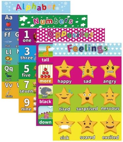 Pôsteres educacionais da pré -escola para crianças, 12 PC. Set, Guias de ensino de aprendizagem precoce para alunos da escola com cartas de alfabeto, dias, meses, cores, estações, tempo e formas