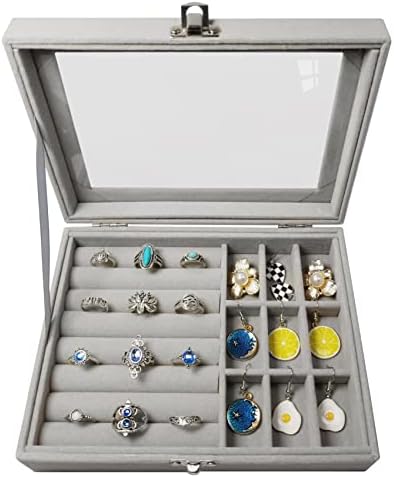 Caixa de armazenamento de anéis de besypro para mulheres, meninas e adolescentes, caixa do organizador de brinco de jóias com tampa transparente, cinza