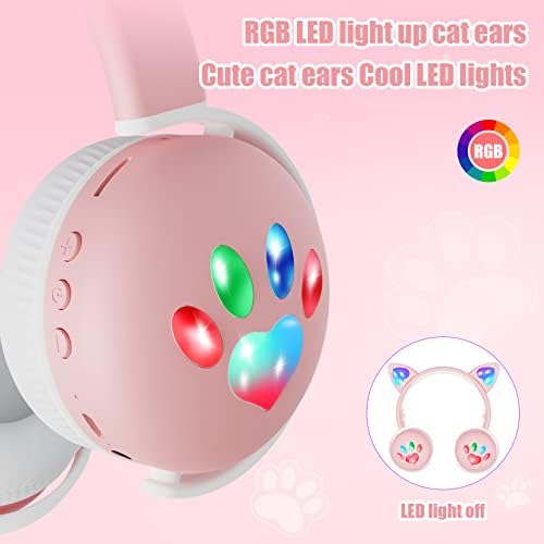 Fones de ouvido Yuanj Kids, fones de ouvido infantil Bluetooth 5.2 com orelhas de gatos led adolescentes dobráveis ​​ajustáveis ​​em fones de ouvido para crianças de 3,5 mm de tom/meninas/escola/laptop/viagem/avião/tablet rosa