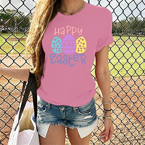 Camisa de Páscoa feliz para mulheres, ovos fofos tees gráficos impressos de pescoço redondo casual de manga curta t