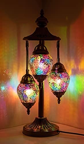 Lumbo de mesa de mosaico turco exclusivo de 3 globos, lâmpada decorativa de lâmpada decorativa vintage bohemiana lâmpada de cabeceira de vidro para quarto.