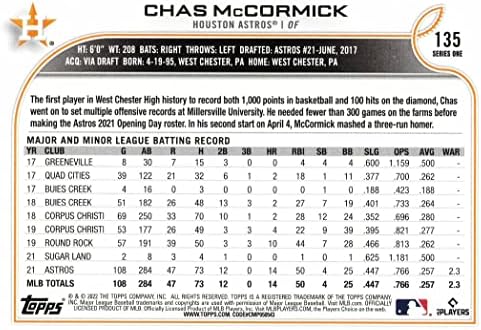 2022 Topps Baseball #135 Chas McCormick Cartão de estreia Astros