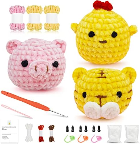 Kit de crochê de Lizcom para iniciantes, 3 PCs Kit de Animal de Crochet, Arte Craft DIY com Tutoriais de Vídeo Passo a Passo,