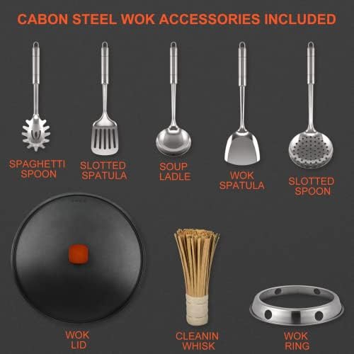 Wok Pan com tampa - 13 WOK antiaderente, woks de aço carbono e frigideiras com 7 fogos de cozinha, sem fundo chinês de fundo liso revestido químico, para fogões elétricos, indução e a gás