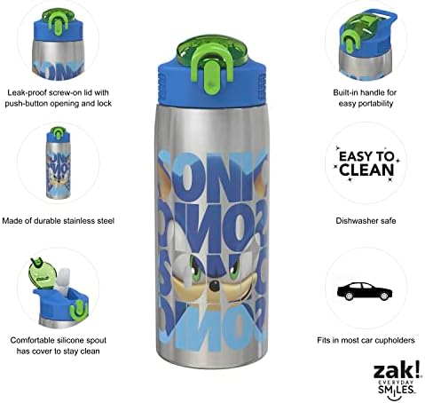 Zak projeta Sonic the Hedgehog Water Bottle para viajar e em casa, aço inoxidável isolado a vácuo de 19 onças com tampa de bico de travamento, loop de transporte embutido, design à prova de vazamento