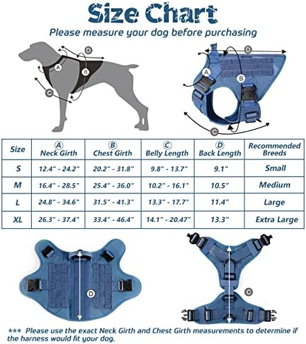 Rabbitgoo Tactical Dog Arnness para cães grandes, arnês de cães militares com maçaneta, colete de cães de serviço sem puxão com painéis Molle & Loop, arnês de colete de cachorro ajustável para treinar a caminhada, azul, l