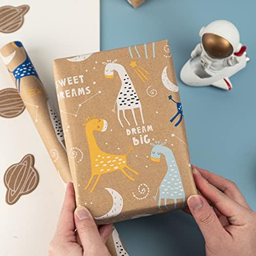 Rolinhos de papel de embrulho biobrown com etiquetas e cordas de juta -desenhos de giraffe para aniversário, férias, chá