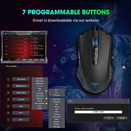 Mouse do mouse de jogos, camundongos para jogos respirando RGB Plug Play Play Play de alta precisão ajustável 7200 dpi, 7 botões programáveis, mouse ergonômico para laptop para PC