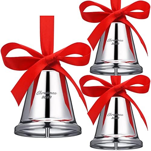 Willbond 3 peças Ornamento de prata de Natal de Natal Ornamentos gravados anuais com fita vermelha para decoração