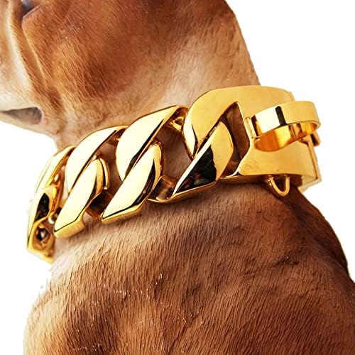 TDHLW Golden Dog Collar com trava de segurança, colar de corrente de cães de metal pesado, colares de cachorro de ouro em aço inoxidável fortes com trava de fivela de segurança, para cães médios e grandes, ouro, 65cm/26in