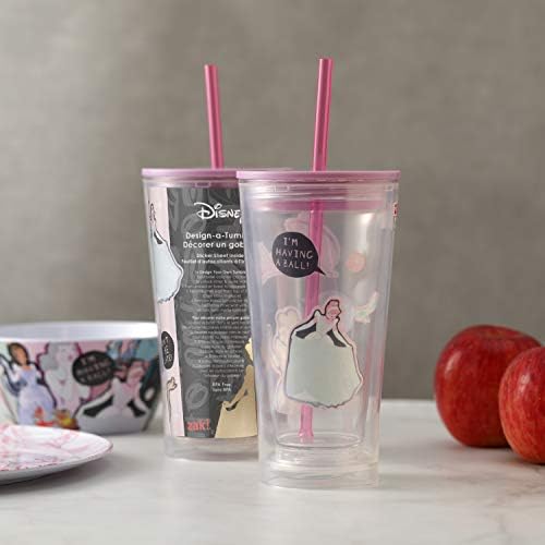 Zak Designs Design-A-Tumbler Disney Princesa Cinderela Kids Diy Adesivo Diy Tumbler com isolamento de palha e parede dupla, BPA