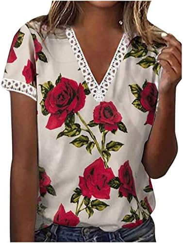 Summer Women Women Camiseta Caminhada Design de renda Tops Trendy casual solto fit V Neck Tunic Tees de manga curta Blusa dos gráficos
