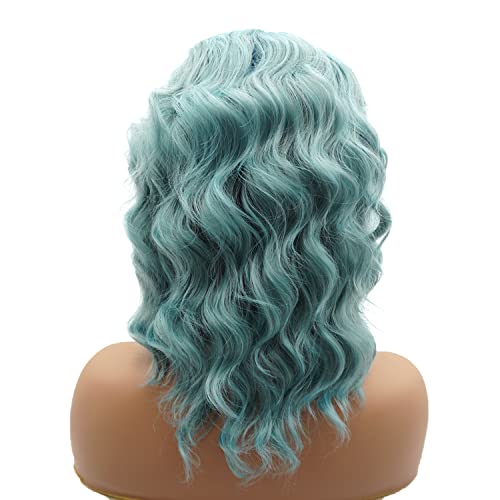 Lushy Beauty Hair Synthetic renda frontal peruca ondulada curta 14 polegada raiz azul azul ombre pesada peruca realista de densidade