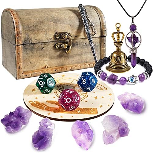 Cristais e pedras de cura, kit de cristais de ametista na caixa de madeira - Cristais espirituais Presentes com campainha